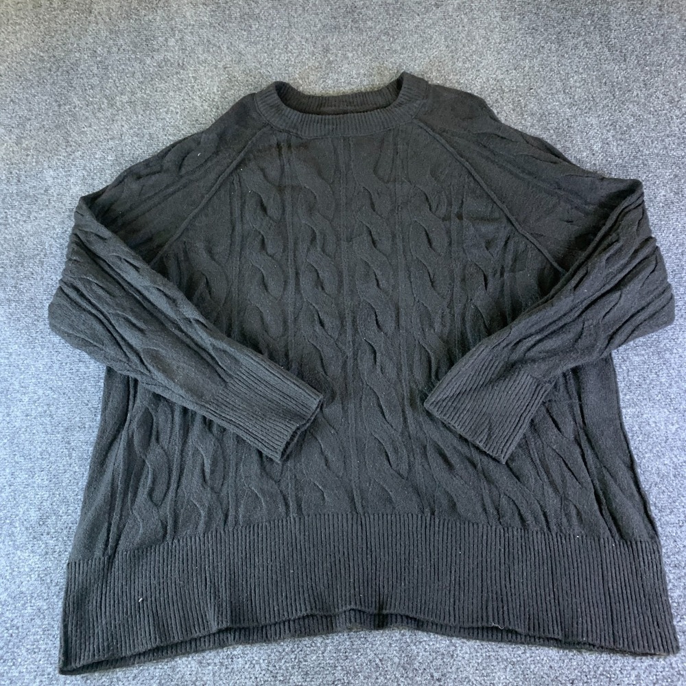 Aerie Sweater Women Large Black Good Cable Knit Crewneck Raglan Pullover Relaxed